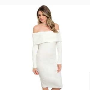 Ivory Off the Shoulder Ribbed Sweater Dress